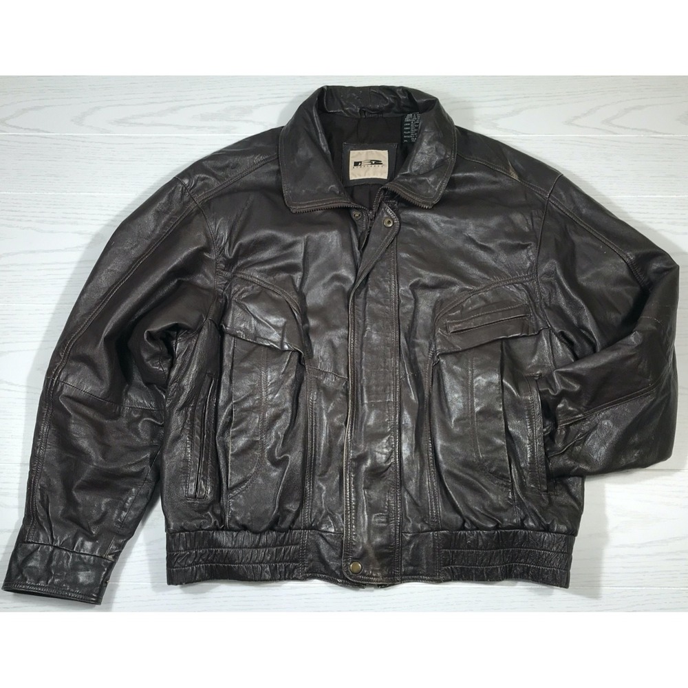 Vintage JT Beckett Leather Bomber Jacket L Brown Full Zip Snap Lined Lamb Retro